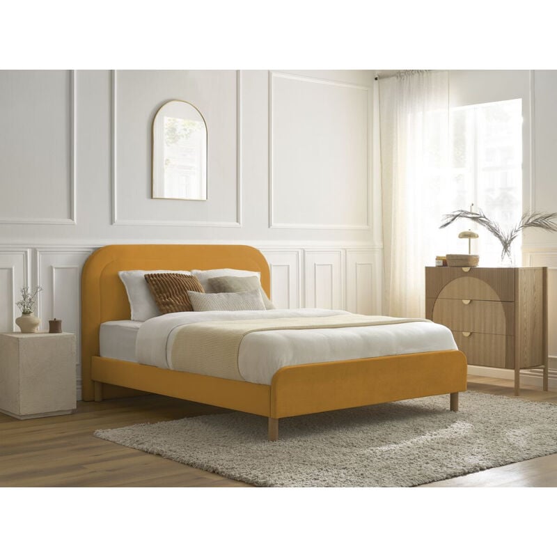 Bobochic - Lit cassiopee tissu velours avec lattes massives 140x190 Jaune