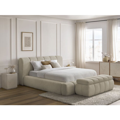 Bobochic – Lit coffre 140x190 avec bout de lit – Tissu bouclette beige – Coffre intégré – Hauteur 105 cm – Design moderne et élégant