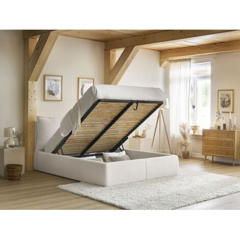 Bobochic – Lit coffre 140x190 avec tête de lit moelleuse – Tissu bouclette blanc – Coffre spacieux pour rangement – Fabrication Europe