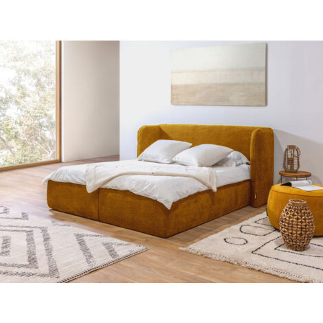 Bobochic – Lit coffre 140x190 cm avec tête de lit rembourrée – Coffre de rangement pratique – Revêtement tissu 100% polyester – Style moderne