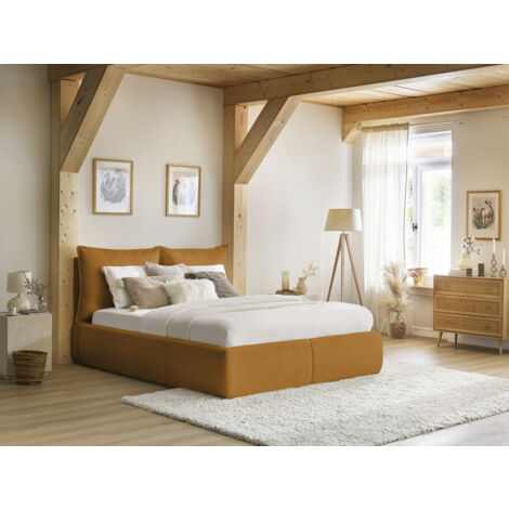 BOBOCHIC - Lit coffre GARANCE avec tête de lit effet oreiller tissu bouclette  180x200 Jaune