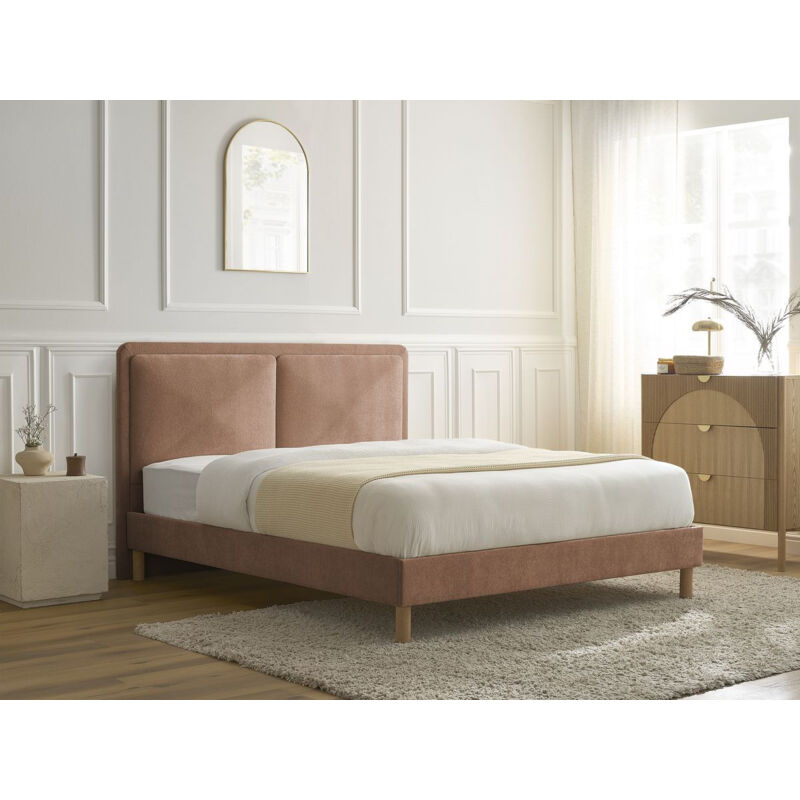 Bobochic - Lit mara tissu texturé avec lattes massives 140x190 Rose