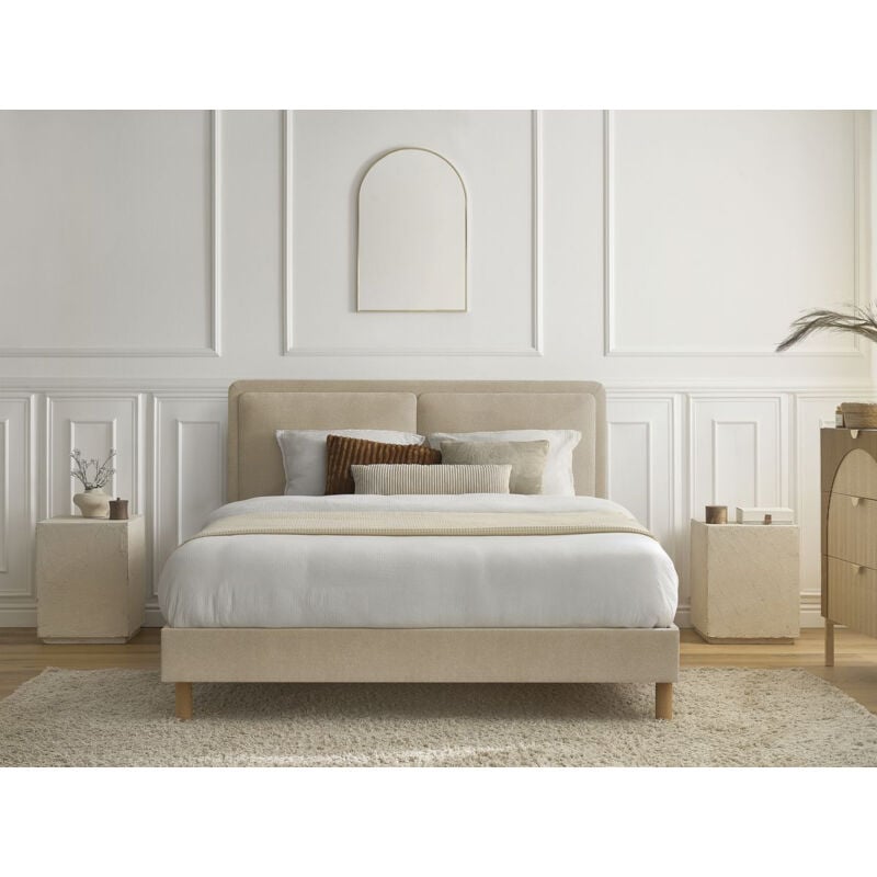 Bobochic - Lit mara tissu texturé avec lattes massives 140x190 Beige