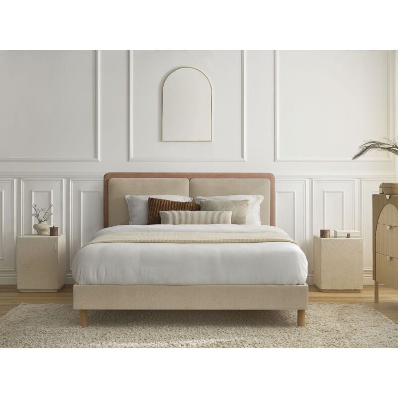 Lit mara tissu texturé bicolore avec lattes massives 140x190 Rose - Bobochic