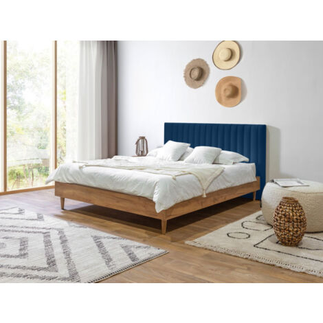 Bobochic – Lit OCEANE en velours 140x190 – Structure en bois naturel – Tête de lit capitonnée – Montage rapide en 15 min – 2 places