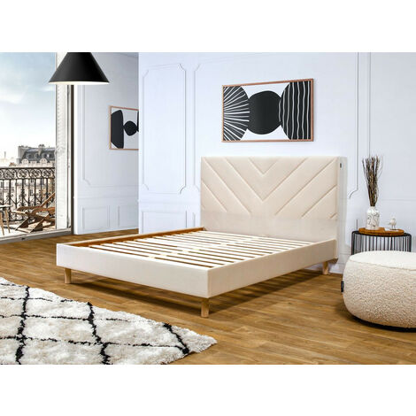Bobochic – Lit ROMANE 140x190 cm – Tissu velours beige – Sommier à lattes inclus – Hauteur totale 115 cm – Design moderne et élégant