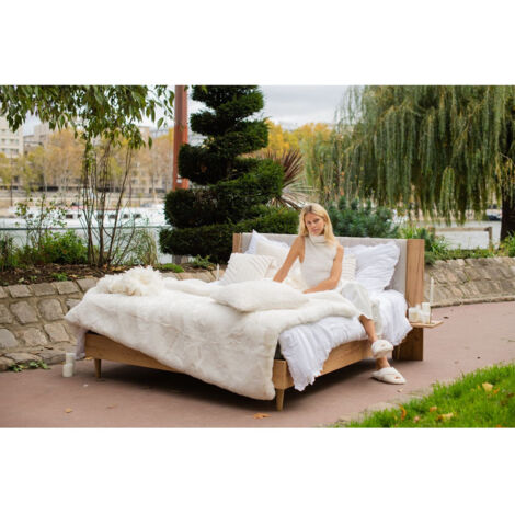 Bobochic – Lit Selena 160x200 – Structure en bois massif avec chevets intégrés – Tête de lit design en tissu – Montage facile en 15 min