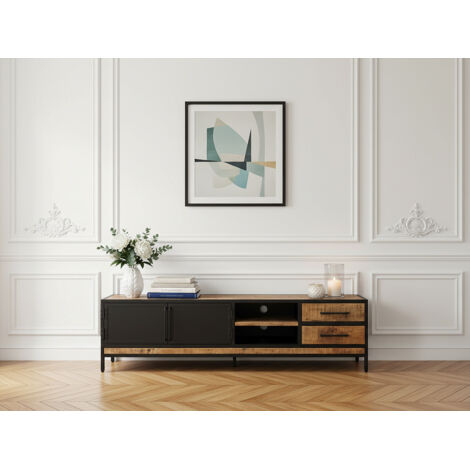 Bobochic – Meuble TV 190 cm en bois de manguier massif – 2 tiroirs et 2 niches – Style industriel – Finition laquée marron clair
