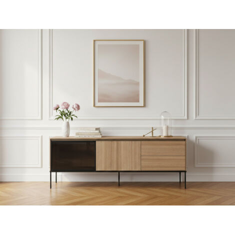 Bobochic – Meuble TV 2 portes 2 tiroirs 167 cm – Effet chêne et verre fumé – Éclairage LED intégré – Style industriel avec pieds en métal noir