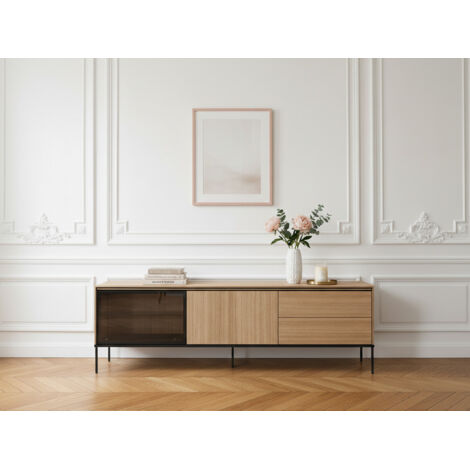 BOBOCHIC - Meuble TV 2 portes 2 tiroirs 197 cm VERONA effet chêne et verre fumé avec LEDS