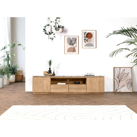 BOBOCHIC - Meuble TV 2 portes 200 cm BARBARA bois massif de manguier et terrazzo