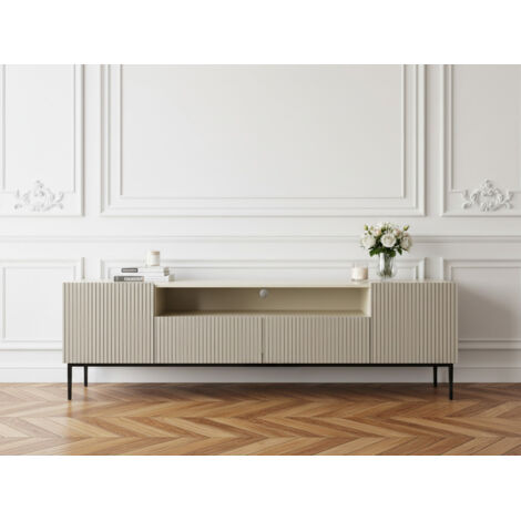 Bobochic – Meuble TV 200 cm avec niche – Façades striées – 2 tiroirs et 2 compartiments – Largeur 44,6 cm – Hauteur 60,4 cm – Style moderne