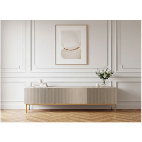 Bobochic – Meuble TV 200 cm Kasha – Pieds or – Rangement avec 2 compartiments et tiroir – Façades striées pour intérieur moderne