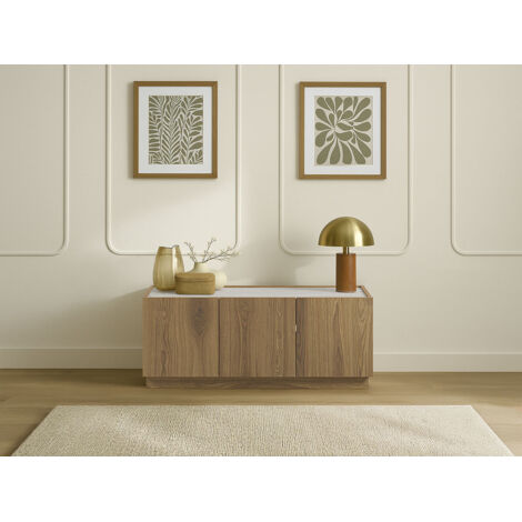Bobochic – Meuble TV 3 portes 120 cm – Effet chêne marron – Plateau supérieur effet travertin – Rangement fonctionnel et élégant