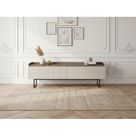 BOBOCHIC - Meuble TV 3 portes 192 cm LOUNA beige et effet bois avec tasseaux et LED