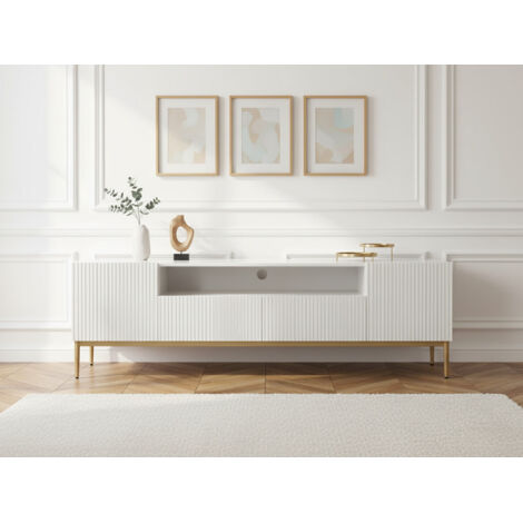 BOBOCHIC - Meuble TV avec niche 200 cm KASHA Pieds or   Blanc