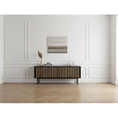 Bobochic – Meuble TV moderne 3 portes 134 cm – Tasseaux pin massif couleur chêne – Finition laquée – Largeur 40 cm – Hauteur 54 cm