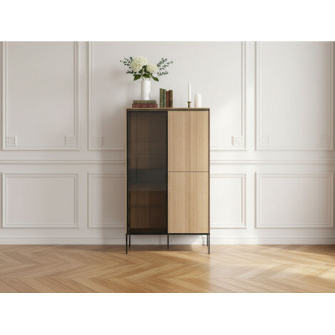 Bobochic – Meuble vitrine 3 portes H.156 cm – Effet chêne et verre fumé – Éclairage LED intégré – Style industriel avec pieds métal noir