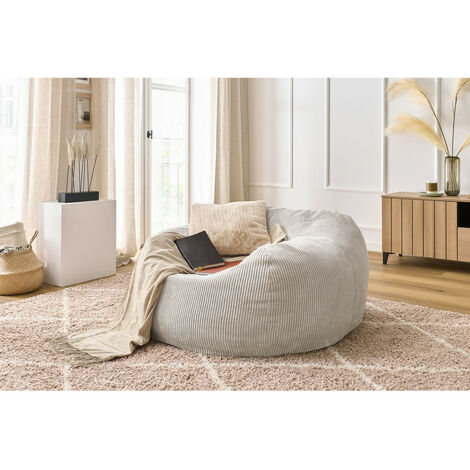 Bobochic – Pouf ultra moelleux en velours côtelé beige – Longueur 120 cm – Largeur 70 cm – Hauteur 60 cm – Garnissage en billes de polystyrène