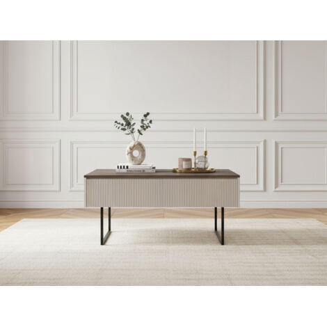 Bobochic – Table basse fixe 100 cm – Beige effet bois avec tasseaux – 1 porte et étagère – Pieds en métal noir moderne