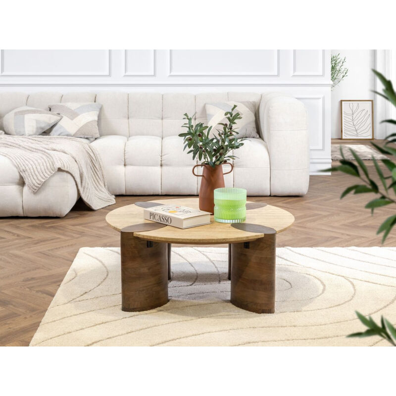 Bobochic - Table basse ronde D.90 cm cerseï plateau travertin et pieds bois massif d'acacia