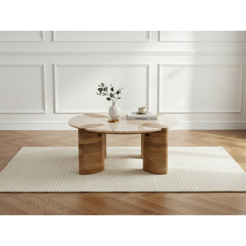 Bobochic - Table basse ronde D.90 cm cerseï plateau travertin et pieds bois massif de manguier clair