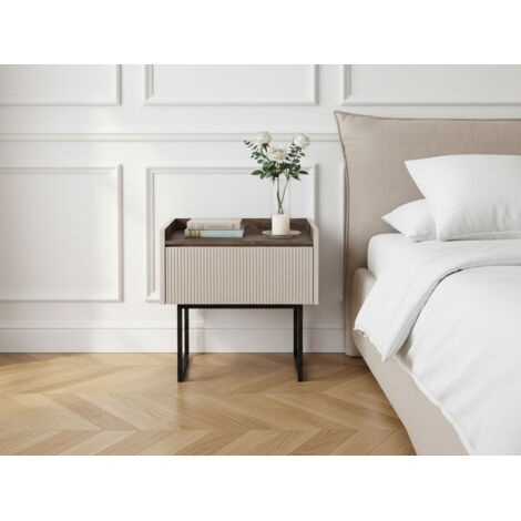 BOBOCHIC - Table de chevet 1 tiroir LOUNA beige et effet bois avec tasseaux et LED