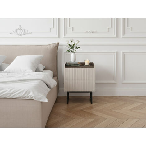 Bobochic – Table de chevet moderne 2 tiroirs en MDF beige – Système 'push to open' – Dimensions 52x69x40 cm – Pieds en métal