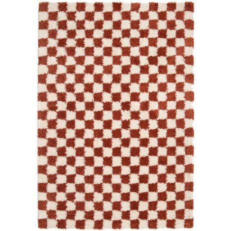 Bobochic – Tapis shaggy rectangle 160x230 cm – Poils longs orange – Motif damier – Tissé à la machine en polypropylène – Épaisseur 3 cm
