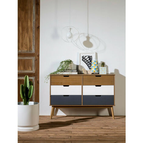 BOBOCHIC XS - Commode 6 tiroirs ALMA Pin massif Bois clair, Gris et Blanc