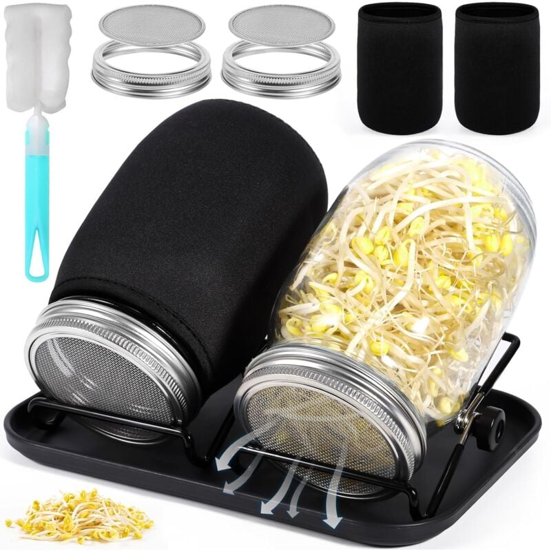 Bocal de Germination de Graines, 2 x 1000ml Germoir en Verre Bocal à Germes,2 Couvercle à Grille en Acier Inoxydable,2 Support,1 Plateau,2 Toile