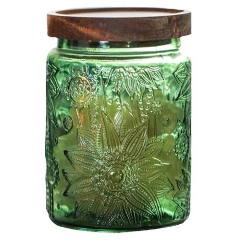Bocal de rangement en verre avec couvercle en bois massif, motif tournesol en relief, 700 ml, vert ()