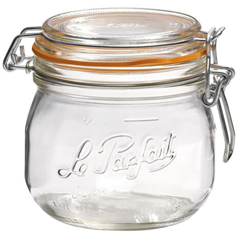Bocal en verre 0.5 L – Diamètre 85 mm – Monture métallique avec rondelle orange – Conservation longue durée – Le Parfait