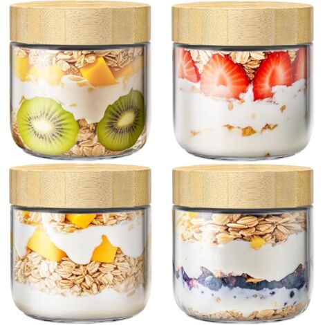 Bocal En Verre - 10 Oz - Couvercle En Bambou - Hermetique - Emballage Pour Préparation De Repas - Lot De 4