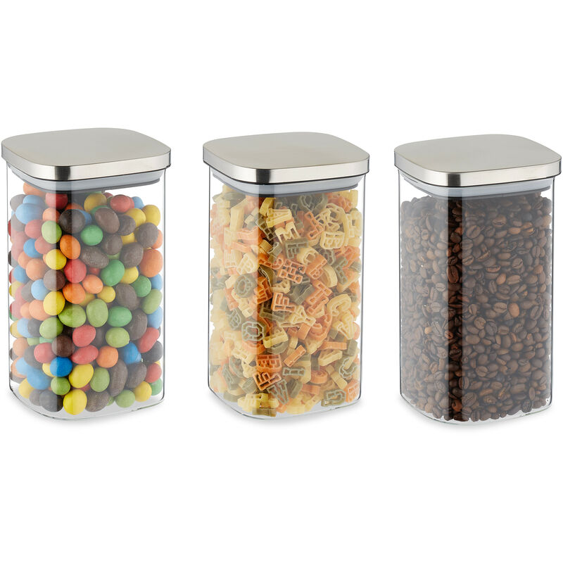 Bocal en verre, avec couvercle, lot pratique de 3, 1200 ml, rectangulaire, hermétique, transparent et argenté - Relaxdays