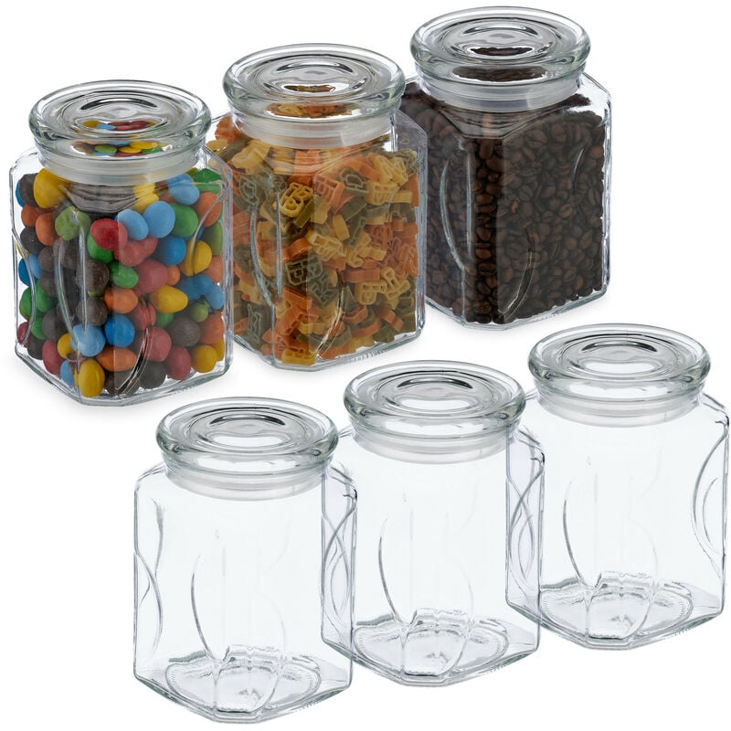 Bocal en verre avec couvercle, lot pratique de 6, 750 ml, rectangulaire, hermétique, transparent - Relaxdays