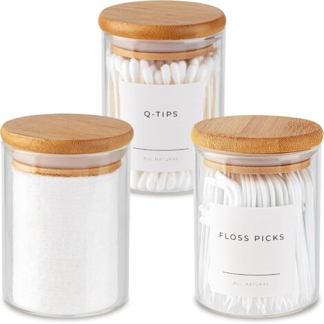 Bocal En Verre - Couvercle En Bambou - 10 Oz - Pour Cotons Tiges Et Produits De Soin - Lot De 3