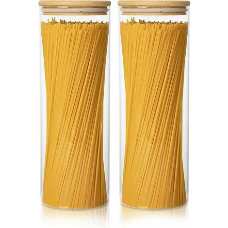 Bocal Herm��tique avec Couvercle en Bambou- Lot de 2 Bocaux Conservation Alimentaire - Pot en Verre Borosilicat�� pour Farine, C��r��ales, Spaghetti����LUCKY-88