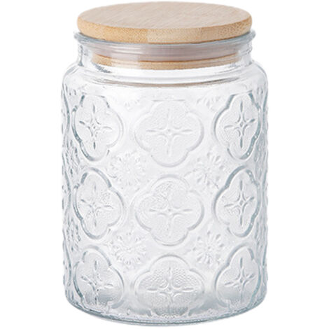 Bocaux de rangement en verre, bocaux rétro à motif en relief, boîtes hermétiques avec couvercle en bois pour plan de travail de cuisine