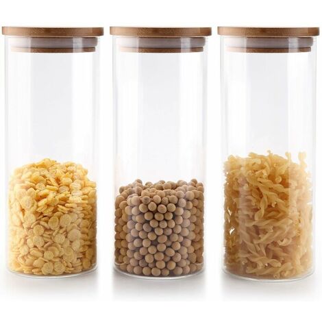 Bocaux de stockage en verre de 1000 ml, bocal en verre borosilicaté hermétique avec couvercle en bambou et pot à linge en silicone, lavable en machine, lot de 3