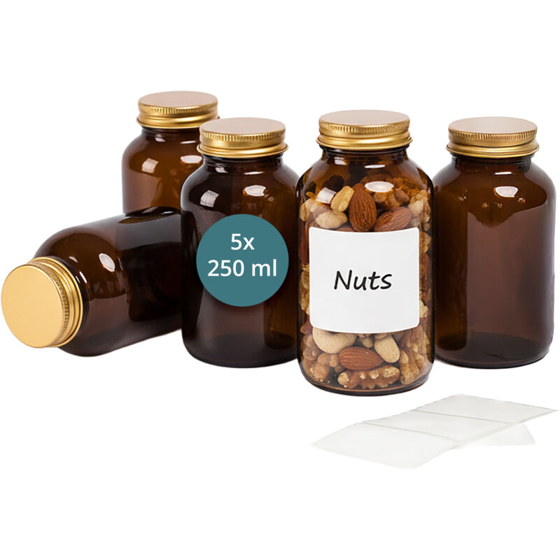 Relaxdays Bocaux en verre ambré, lot de 5, 250 ml, avec couvercles et étiquettes, pour herbes, médicaments et épices