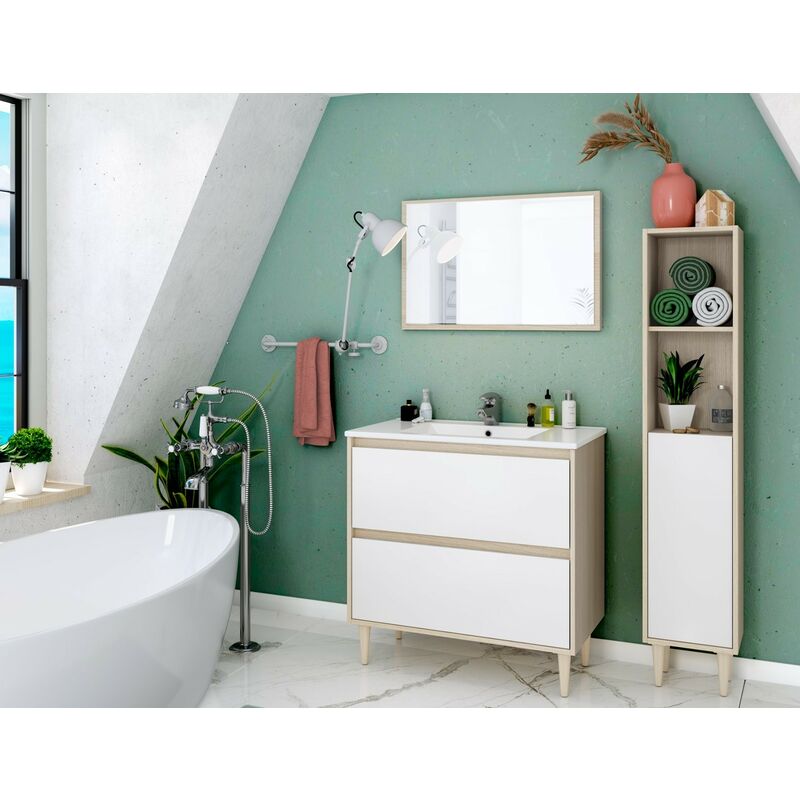 Caesaroo Boden Badezimmerschrank 80 cm Helle Eiche und glänzend Weiß mit Spiegel und Waschtisch Anstrich Mit Doppelsäulen und Led Lampe  - Onlineshop ManoMano