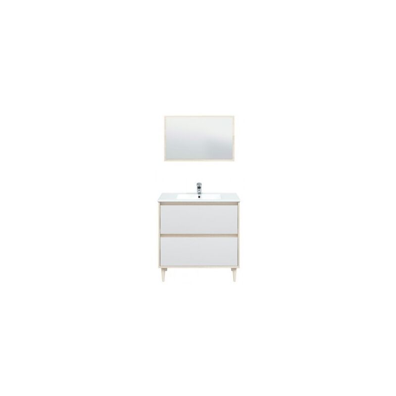 Boden Badezimmerschrank 80 cm Helle Eiche und glänzend Weiß mit Spiegel und Waschtisch Anstrich Standard  - Onlineshop ManoMano
