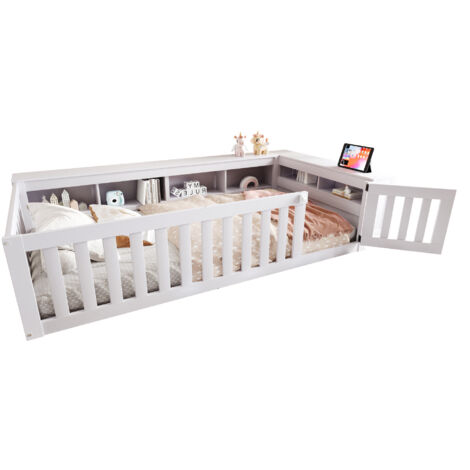Bodenbett Massivholz Weiß 90x200 cm mit Lattenrost, Sicherheitsgitter und Stauraum