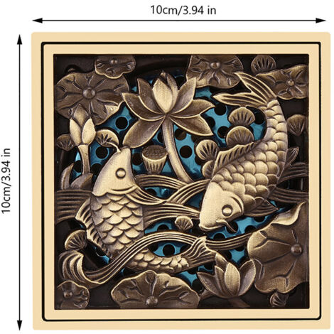 [Bodenrost] Antiker Fliesen-Bodenrost mit Schutzgitter für Entwässerung und Geruchskontrolle – 10 x 10 cm großes Paneel mit Fischmuster, massives Bronzematerial, antike Oberfläche für Dekoration und L