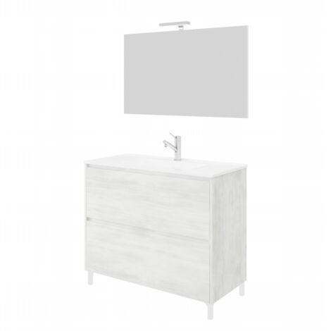 Bodenstehender Badezimmerschrank 80 cm aus weißem Eichenholz mit Waschbecken und Spiegel – Francia - mit spiegel und LED Lampe