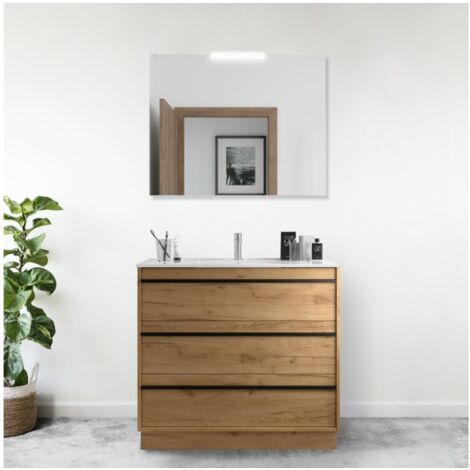Bodenstehender Badezimmerschrank aus afrikanischem Eichenholz 100 cm mit eingebautem Porzellanwaschbecken – Astoria - 100 cm Mit Doppelsäule Lampe - Misura: 100 cm - Accessorio: Standard