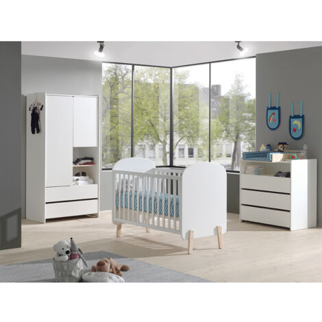 Ensemble lit bébé + commode + armoire blanc et gris - BEAR