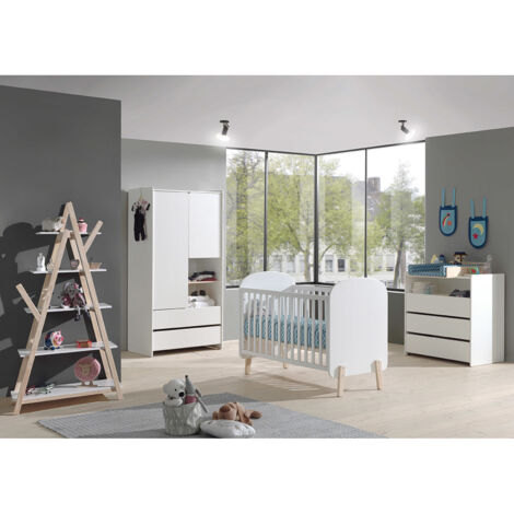 BODHI WHITE - Lit Bébé 60x120cm + Pack Commode + Armoire 2P + Etagère