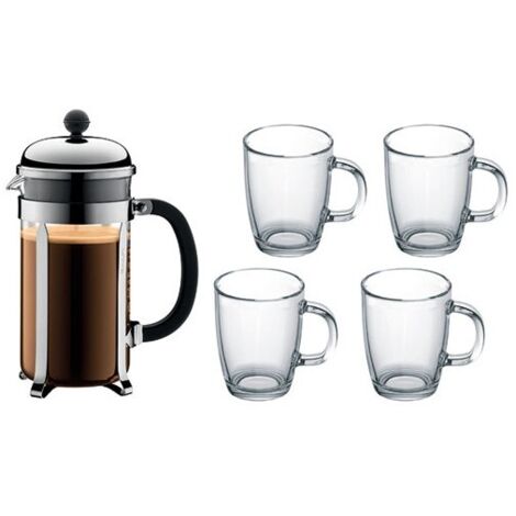 BODUM Cafetière à piston 8 Tasses Chromée & Noire - Chambord + 4 mugs 35 cl